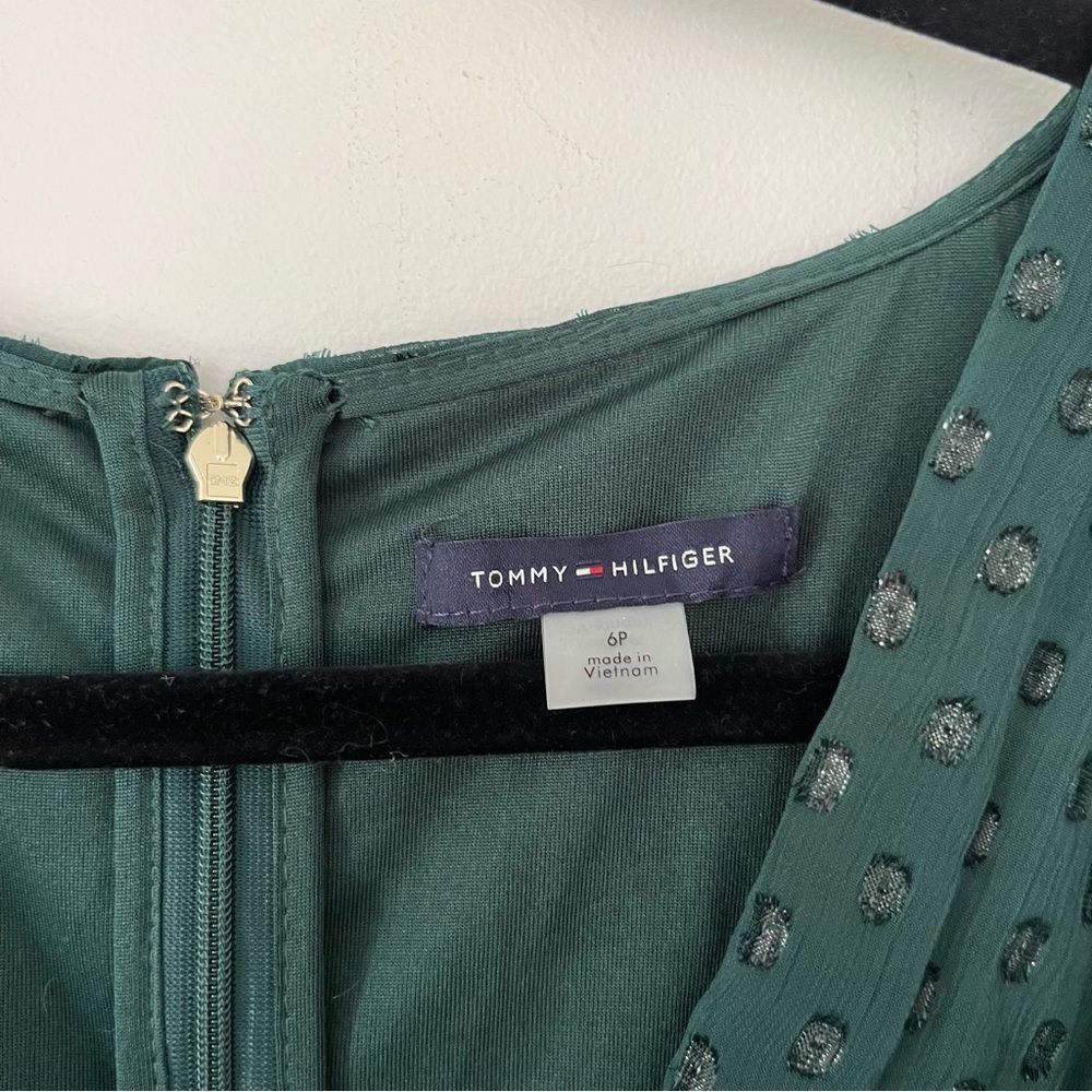 Tommy Hilfiger Emerald Green Faux Wrap Midi Dress Puff Sleeve Glitter Dot - Picture 12 of 16